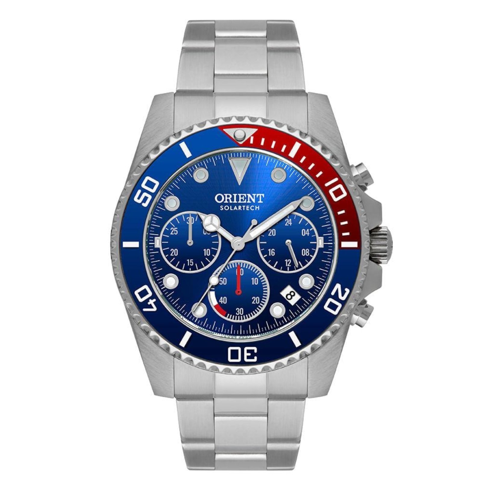 Relógio de Pulso Masculino Solartech Orient Correia Prata Bisel Azul/Vermelho MBSSC270 D1SX Coleção Exclusiva Prata