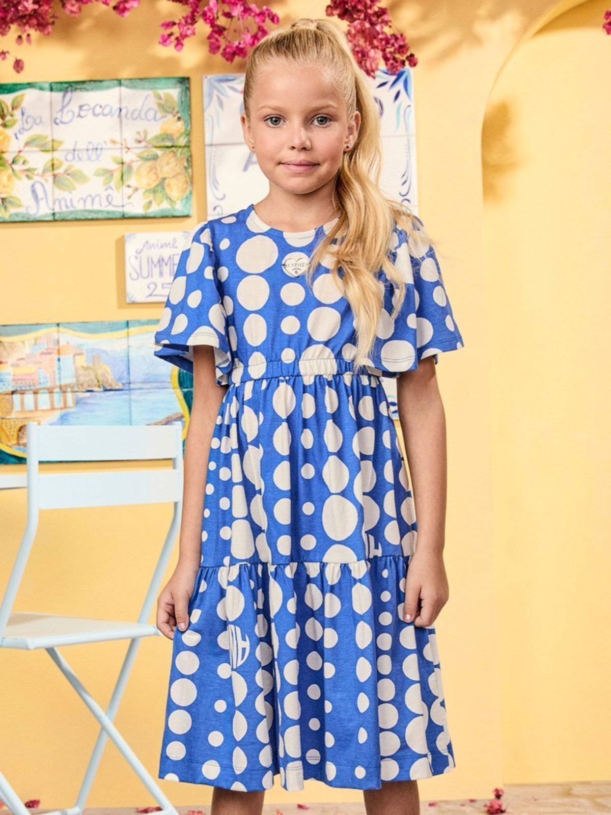 Infantil - Vestido Azul de Poá com Babados