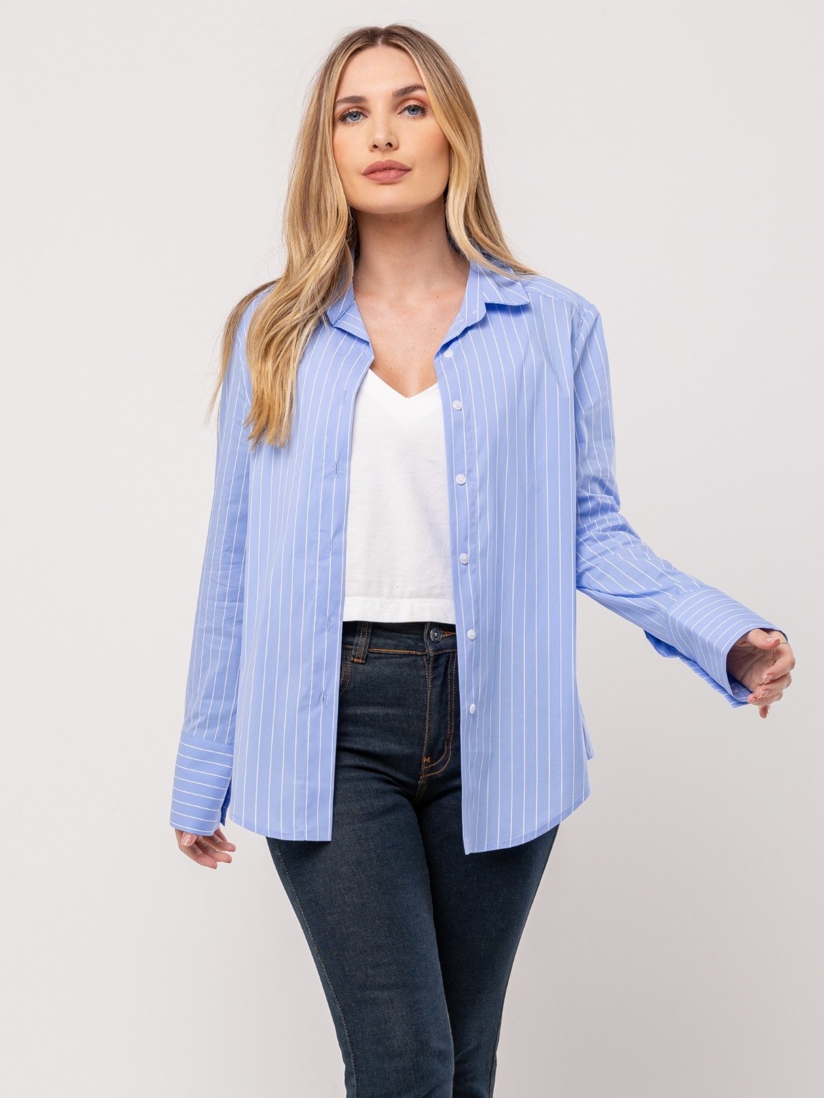 Camisa social Boyfriend listrada azul