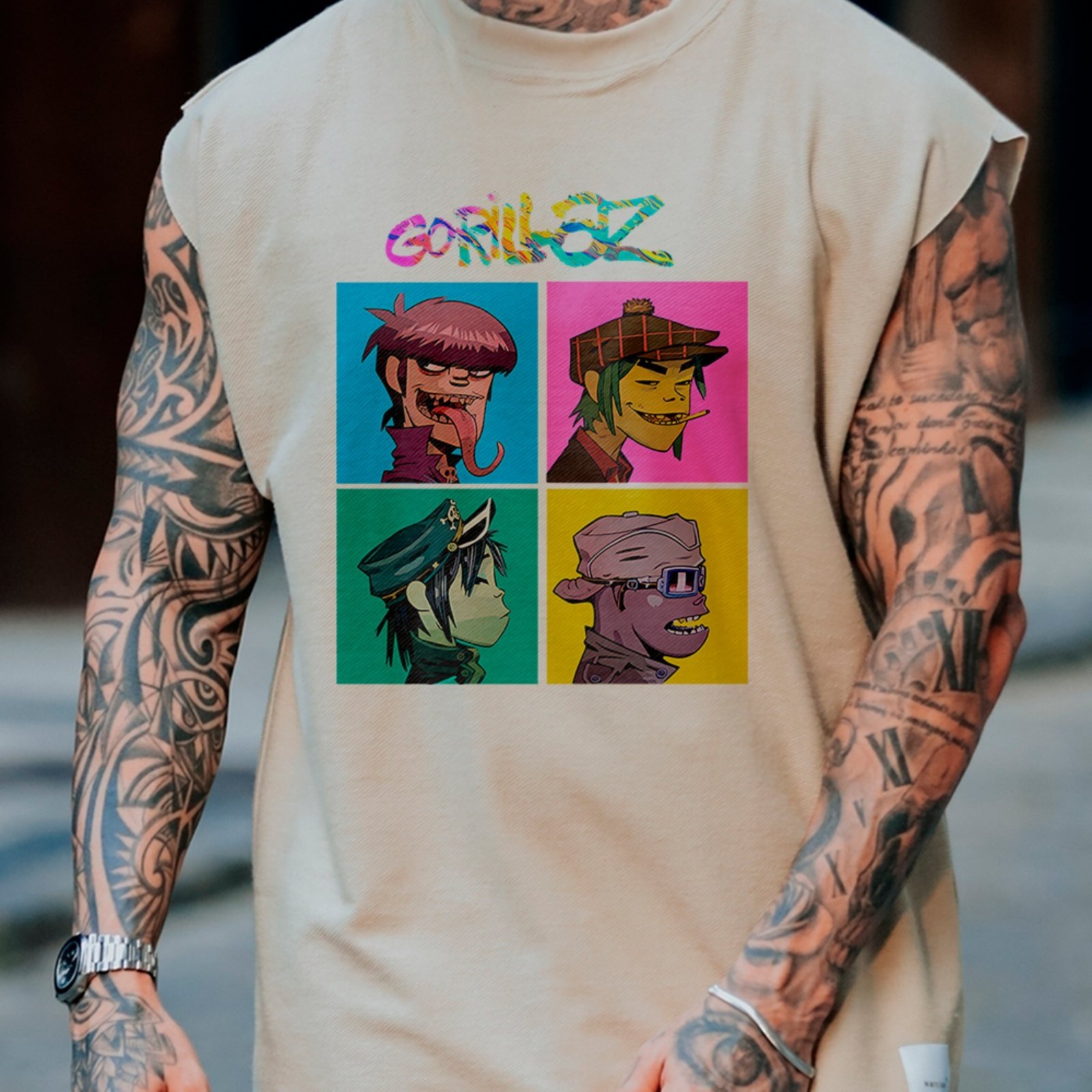 Camiseta Regata Machão Banda Gorillaz Cartoon Music Streetwear Off White
