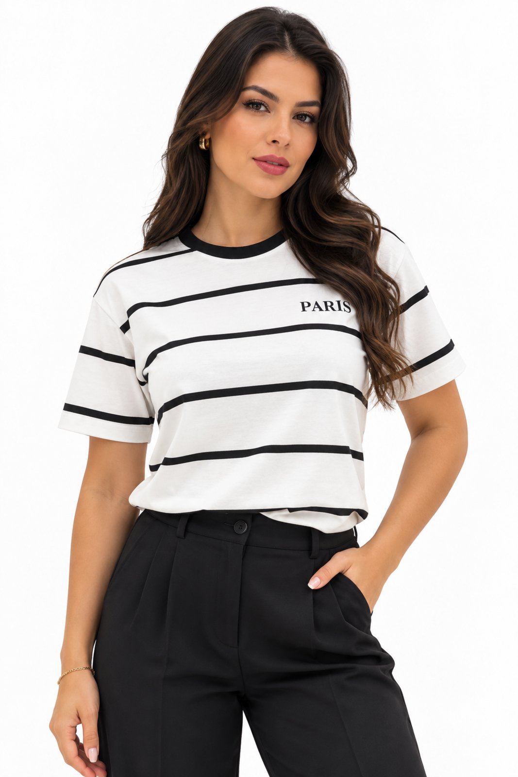 Camiseta Básica D Bell Outlet Fashion Listrada em Algodão Preto