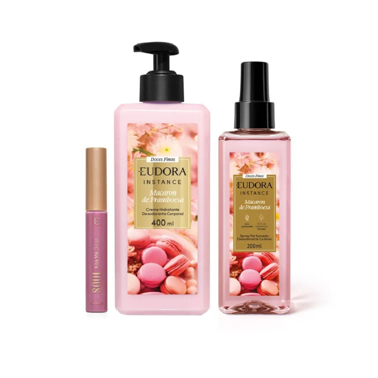 Combo Macaron de Framboesa Eudora: Spray Perfumado + Creme Hidratante+ Gloss