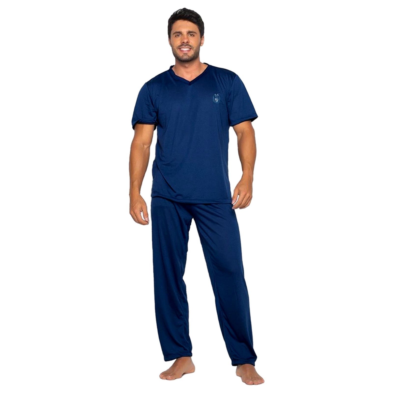 Pijama Tetê Variedades Liso Confortável Masculino Manga Curta Malha Traje de Dormir Elegante Inverno Marinho