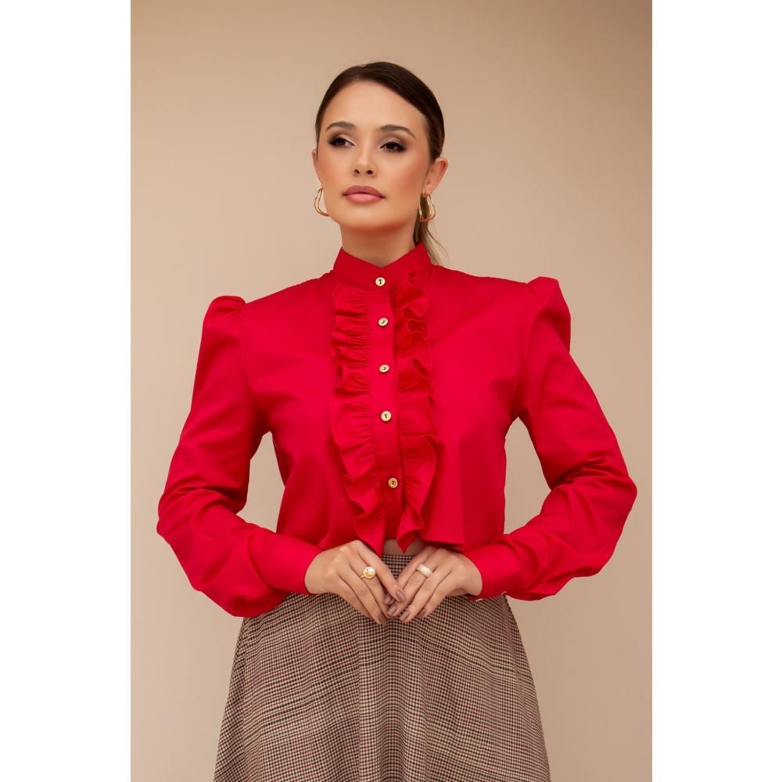Camisa Feminina Tipo Cropped De Algodão Com Babados Elegante