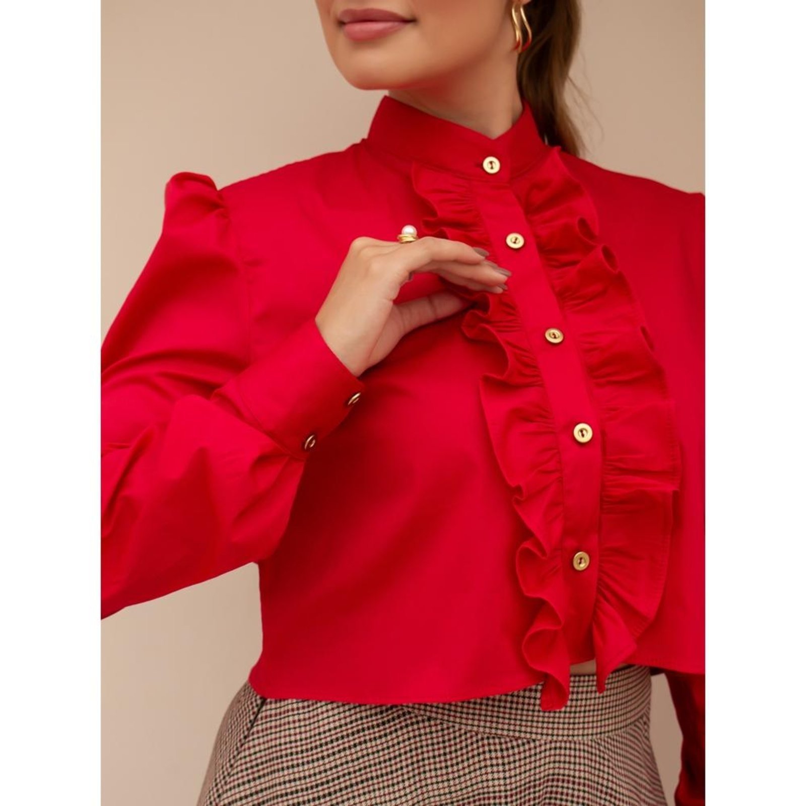 Vista 3 Camisa Feminina Tipo Cropped De Algodão Com Babados Elegante TEODORO CAMISARIA vermelho TEODORO CAMISARIA vermelho