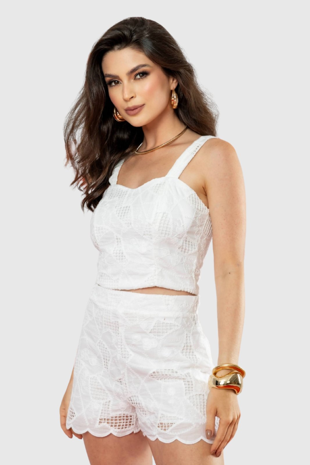 Conjunto Feminino Amora Café Corpped Laise com Bermuda Branco