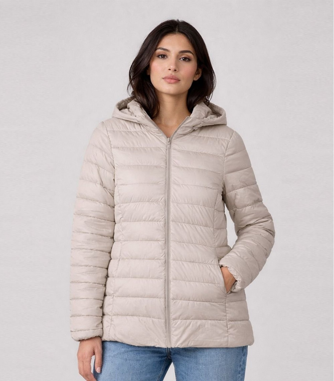 Jaqueta Puffer Feminina Com Capuz Sea Surf Bege