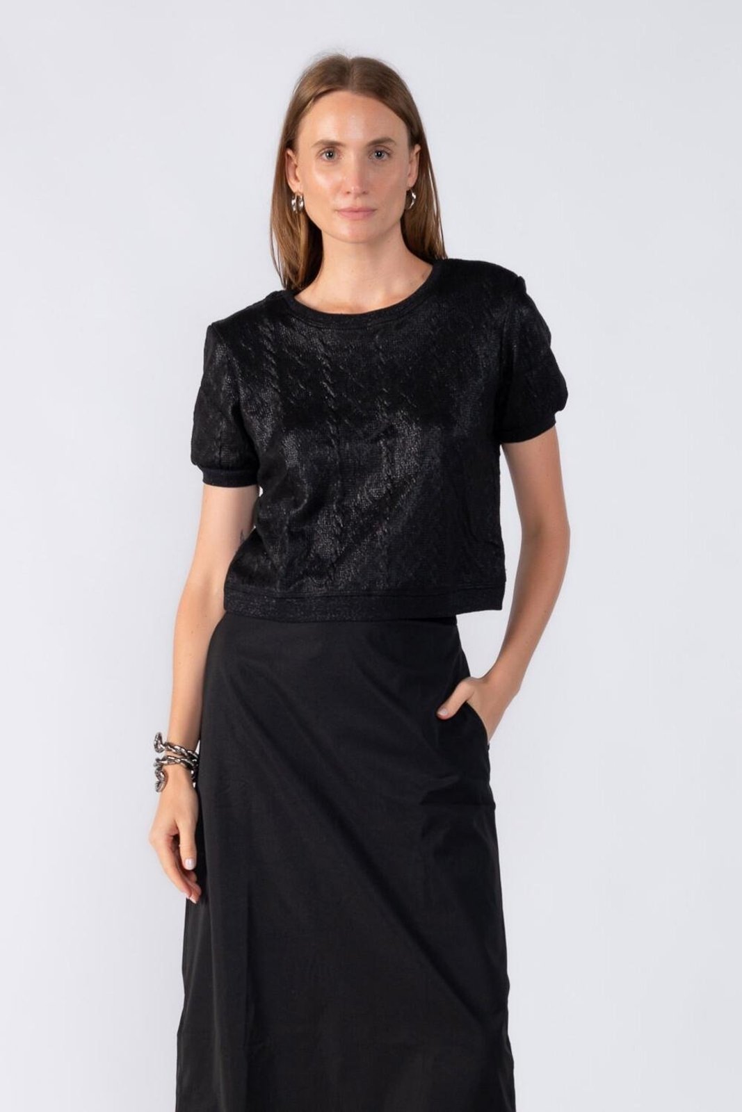 Blusa curta malha foil Preto