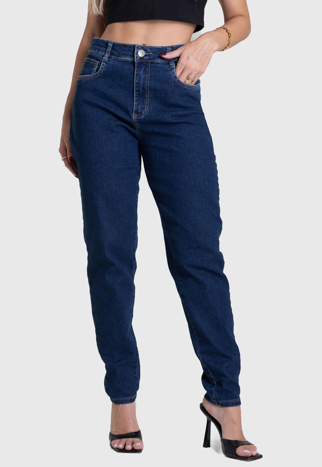 Calça Jeans Feminina Sawary Cintura Alta Mom Azul Escuro