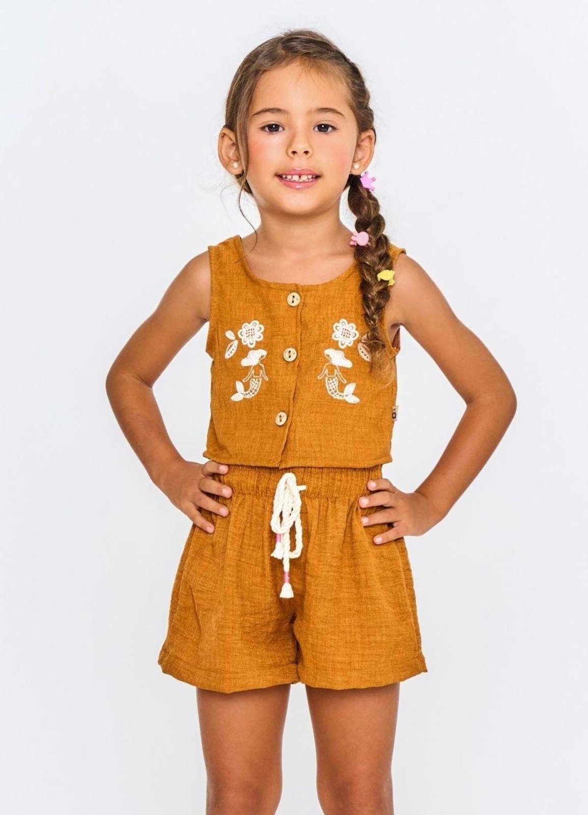 Infantil - Conjunto Litoral Sereia Florida Alfaiataria Botões Bege