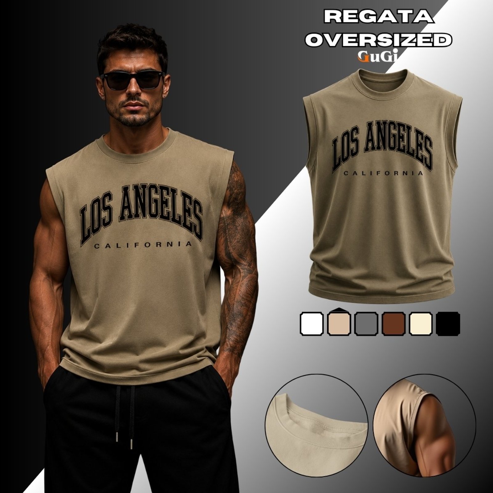 Camiseta Regata Masculina Oversized Los Angeles California 100% Algodão 30.1