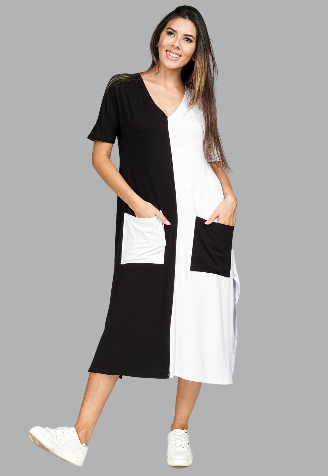 Vestido Midi Reto Malha com Bolso na Frente Amazonia Vital Branco e Preto