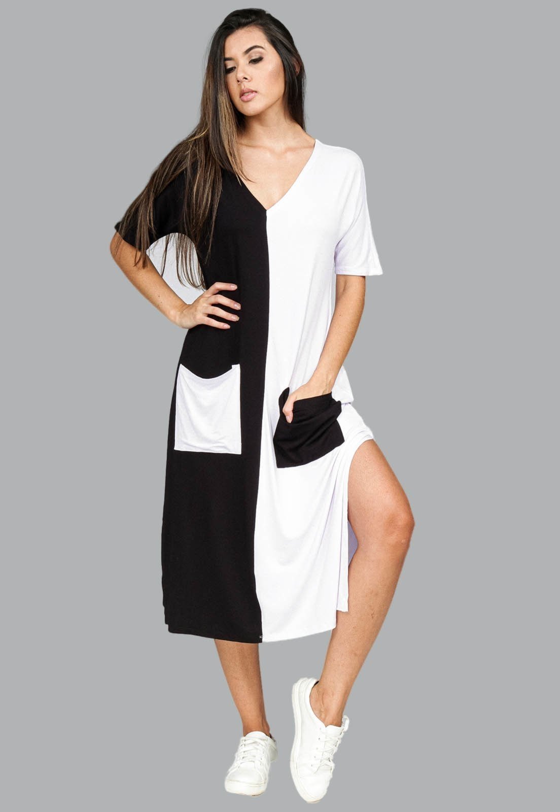 Vista 3 Vestido Midi Reto Malha com Bolso na Frente Amazonia Vital Branco e preto preto