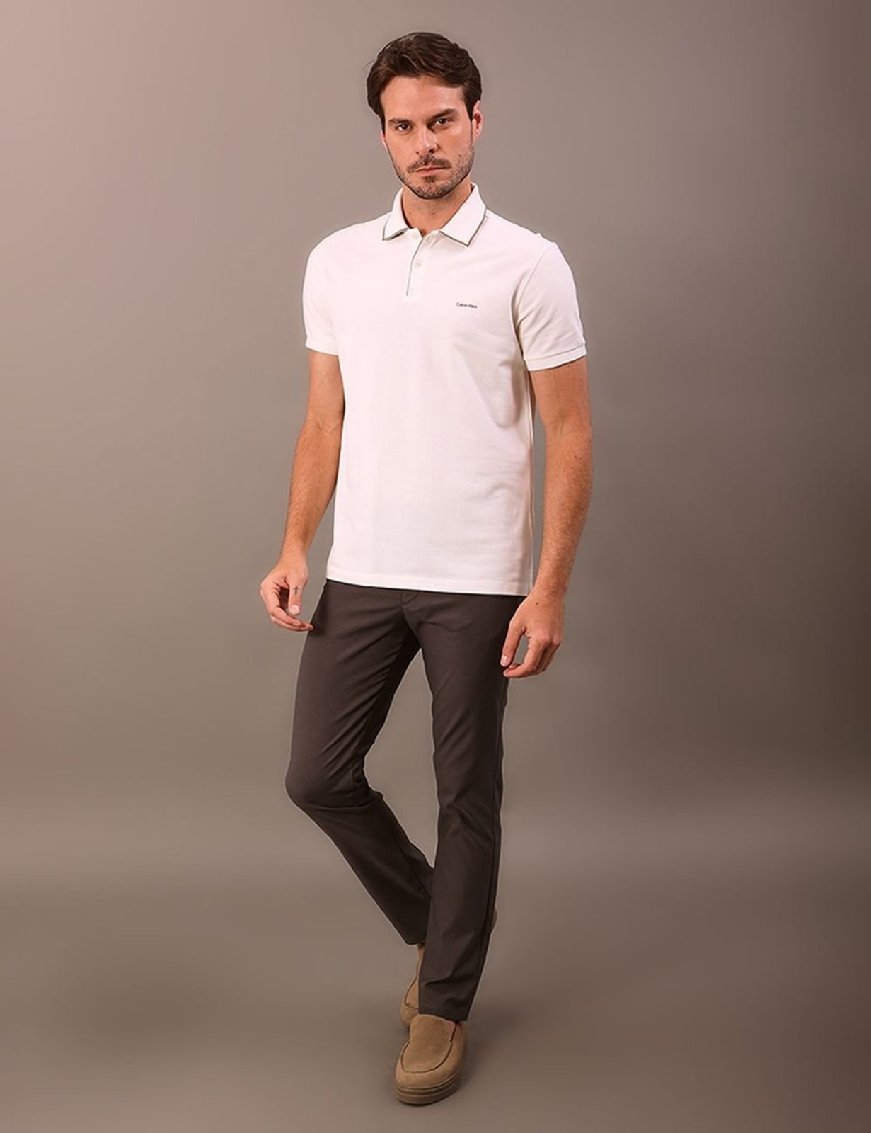 Polo Manga Curta Calvin Klein Regular Listras Surton - Off White Calvin Klein Jeans