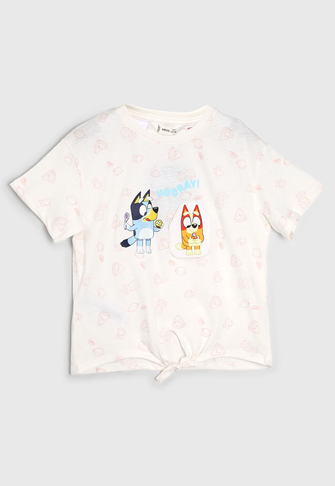 Camiseta Manga Curta Mango Estampa Bluey e Frutas Branca