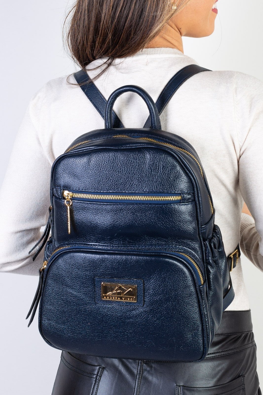 Mochila pequena de couro liso Zoey - Azul