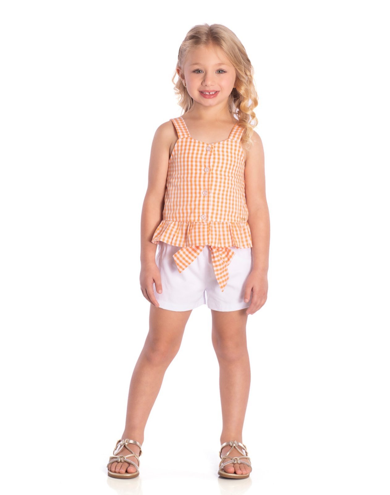 Infantil - Conj. blusa xadrez vichy fio tinto laranja + shorts sarja branco
