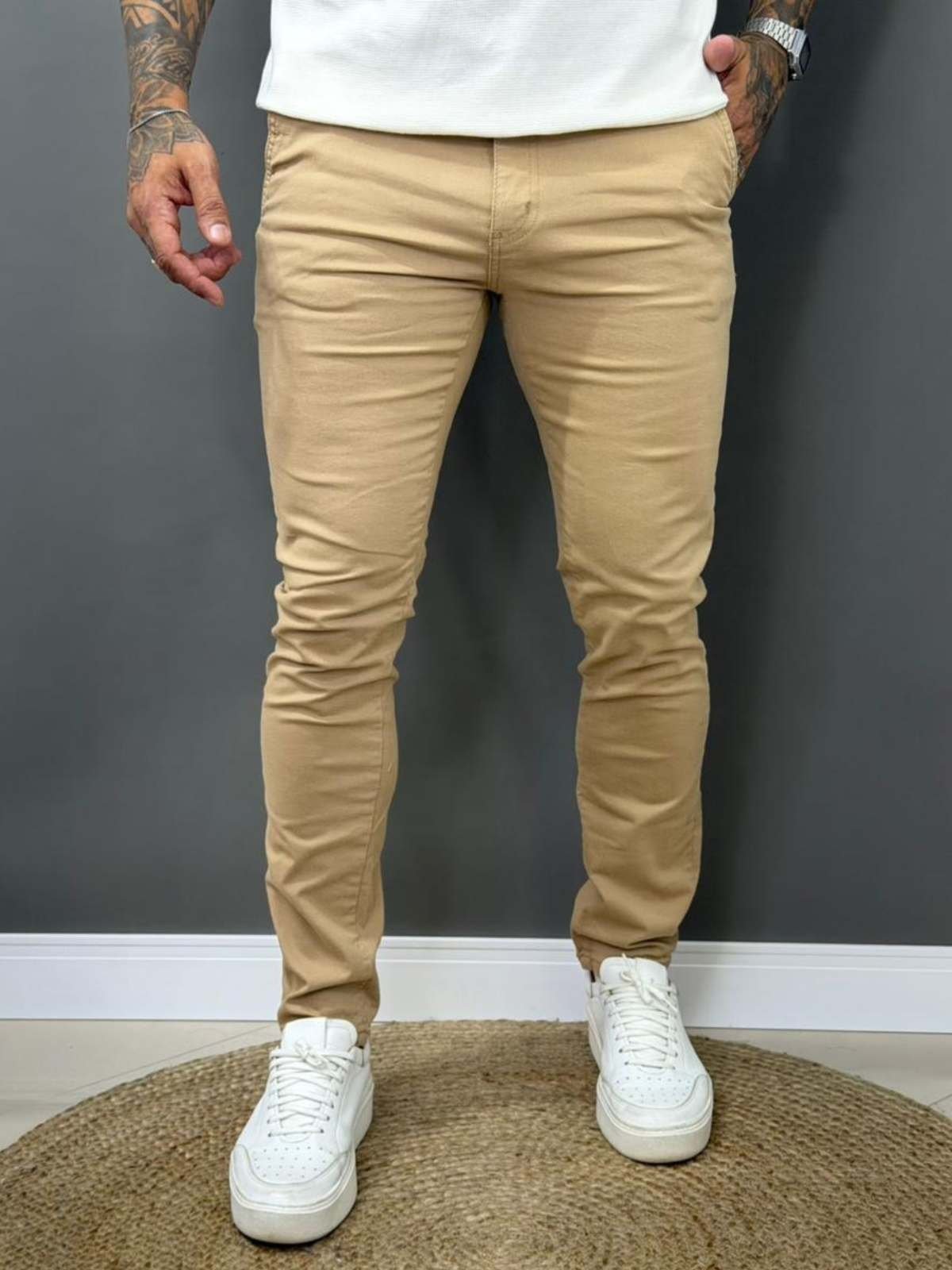 Calça Alfaiataria Masculina Caqui Slim Fit Stretch Elegante Casual Premium