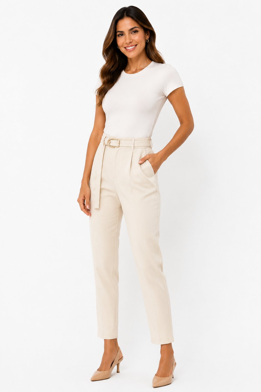 Calça Reta Feminina D Bell Outlet Fashion Alfaiataria Creme