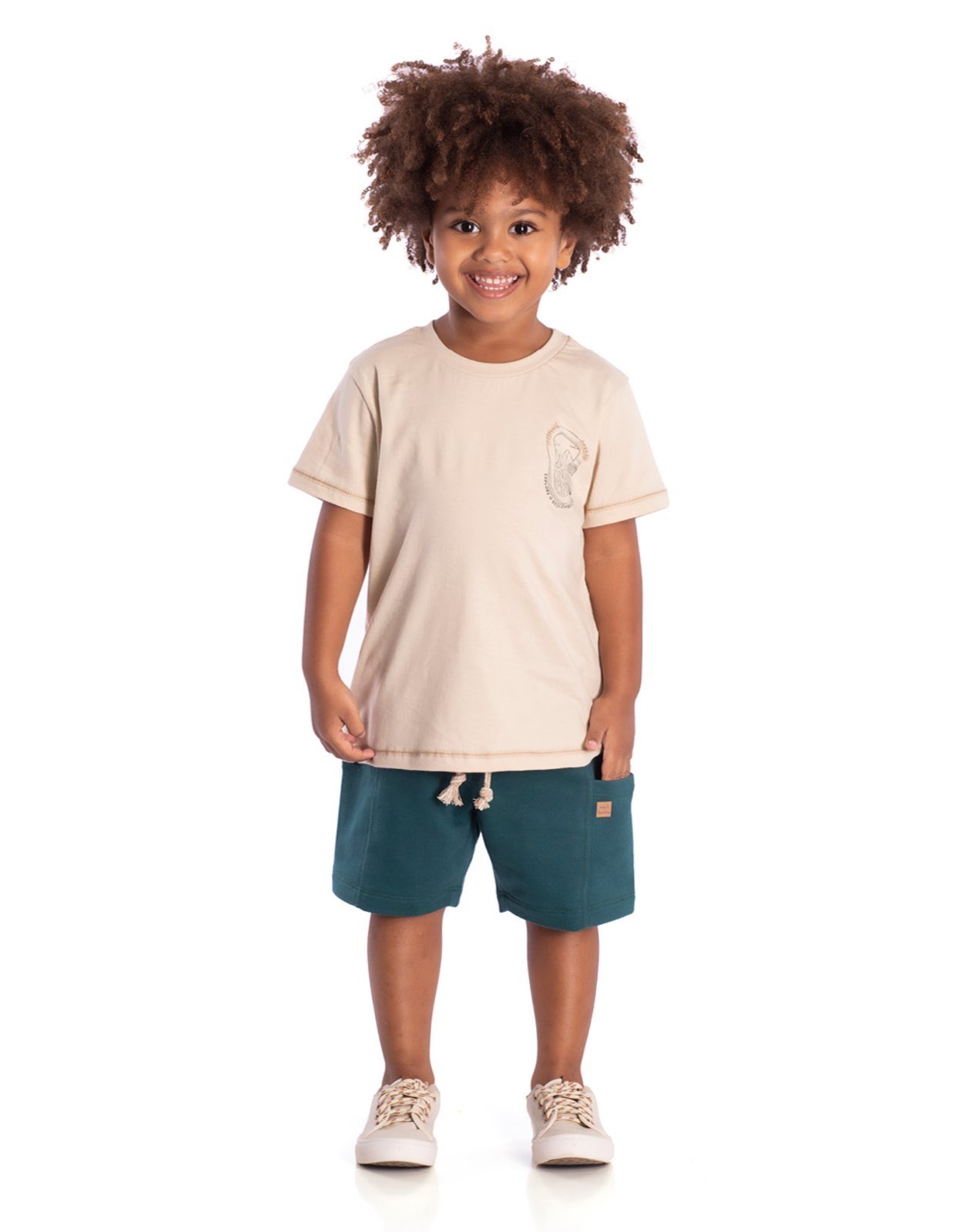 Infantil - Conj. camiseta manga curta bege + bermuda saruel verde escuro