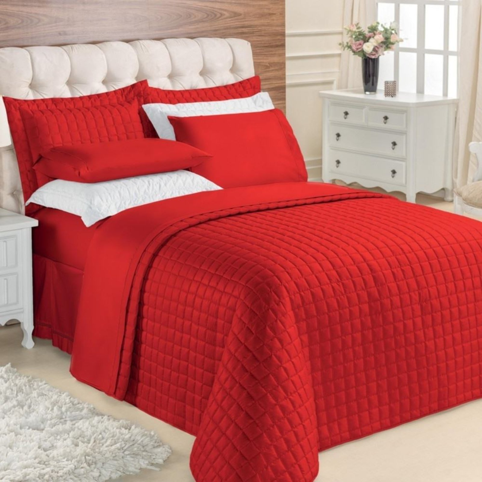 Kit Cobre Leito King Casa Modelo Enxovais com Jogo de Lençol Top Line 7 Peças Vermelho