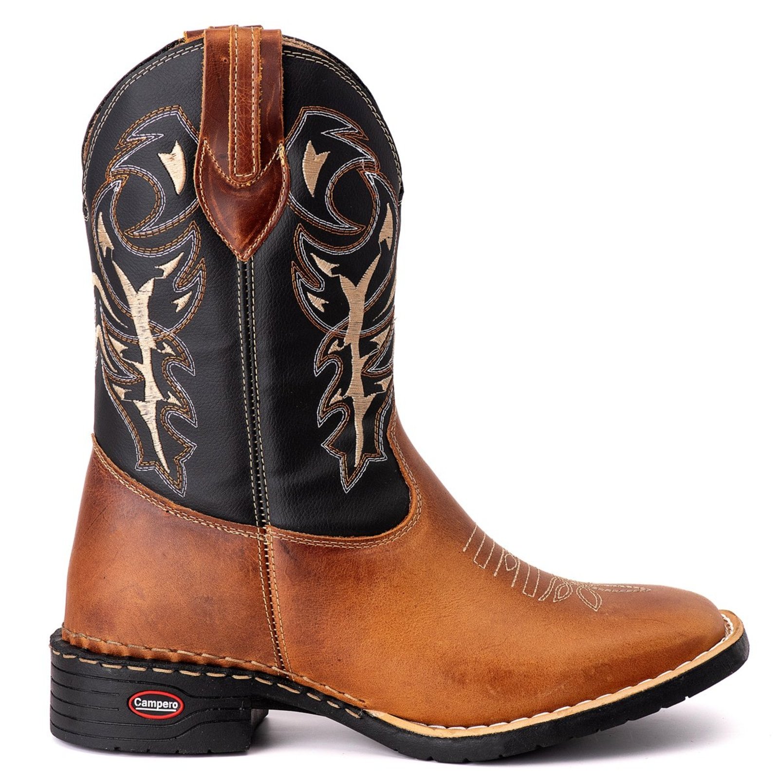 Bota Texana Couro Campero Bico Quadrado Bordada Mostarda