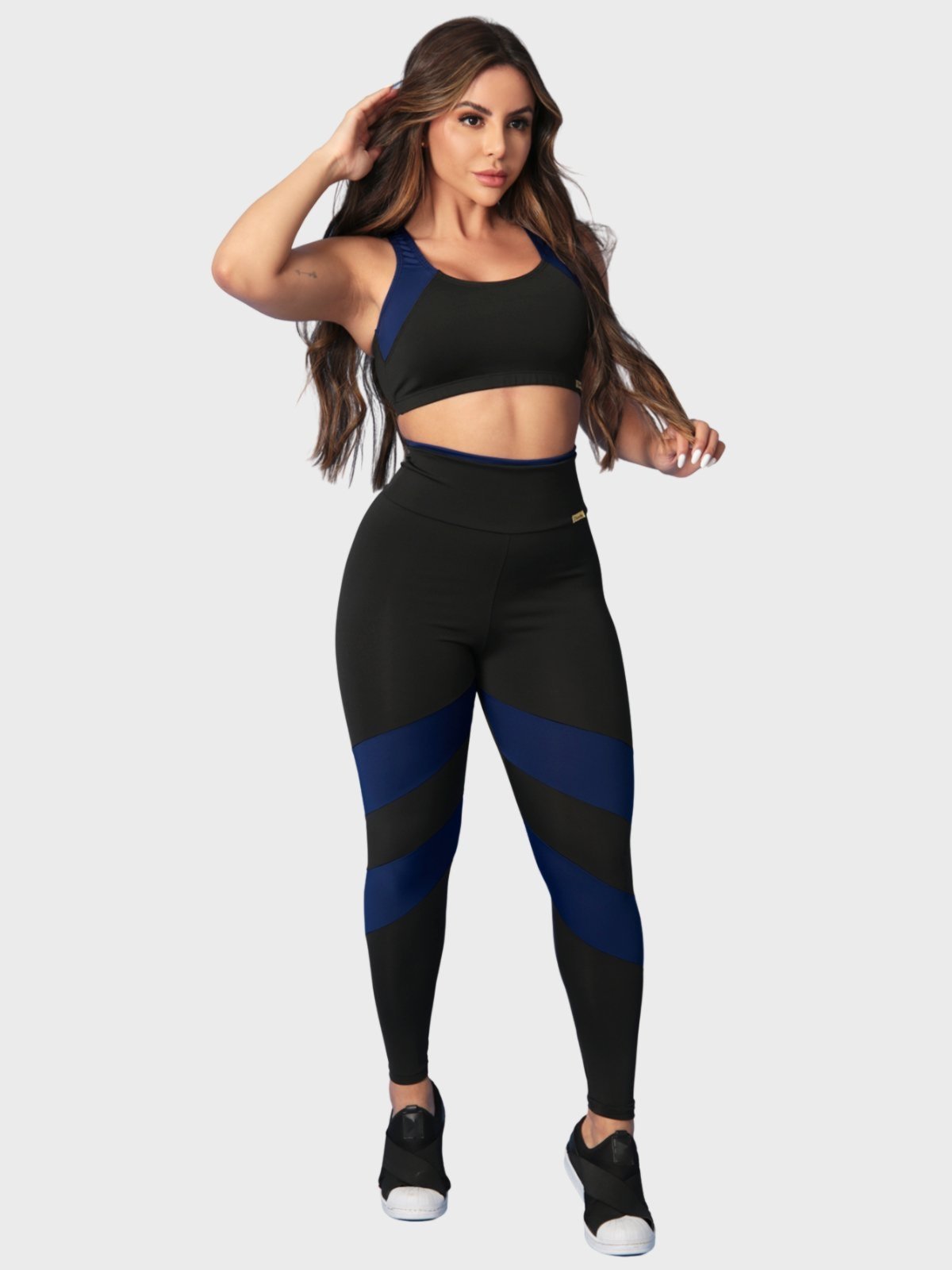 Conjunto Fitness Tarelles Top Calça Legging Cintura Alta Preto e Azul Marinho