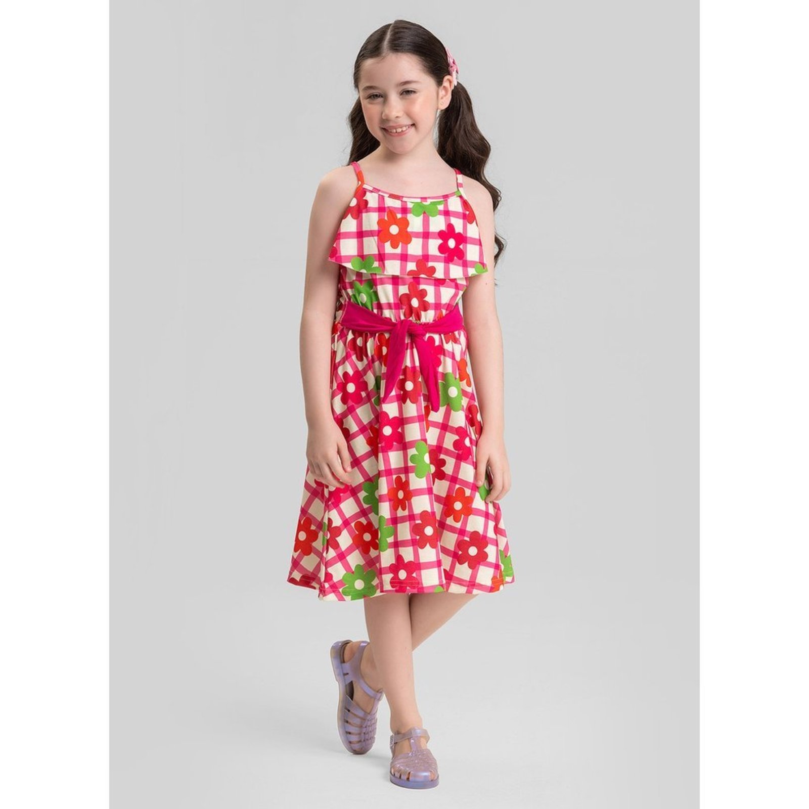 Infantil - Vestido Alcinha Verão Menina Rosa com Babado e Faixa Florido
