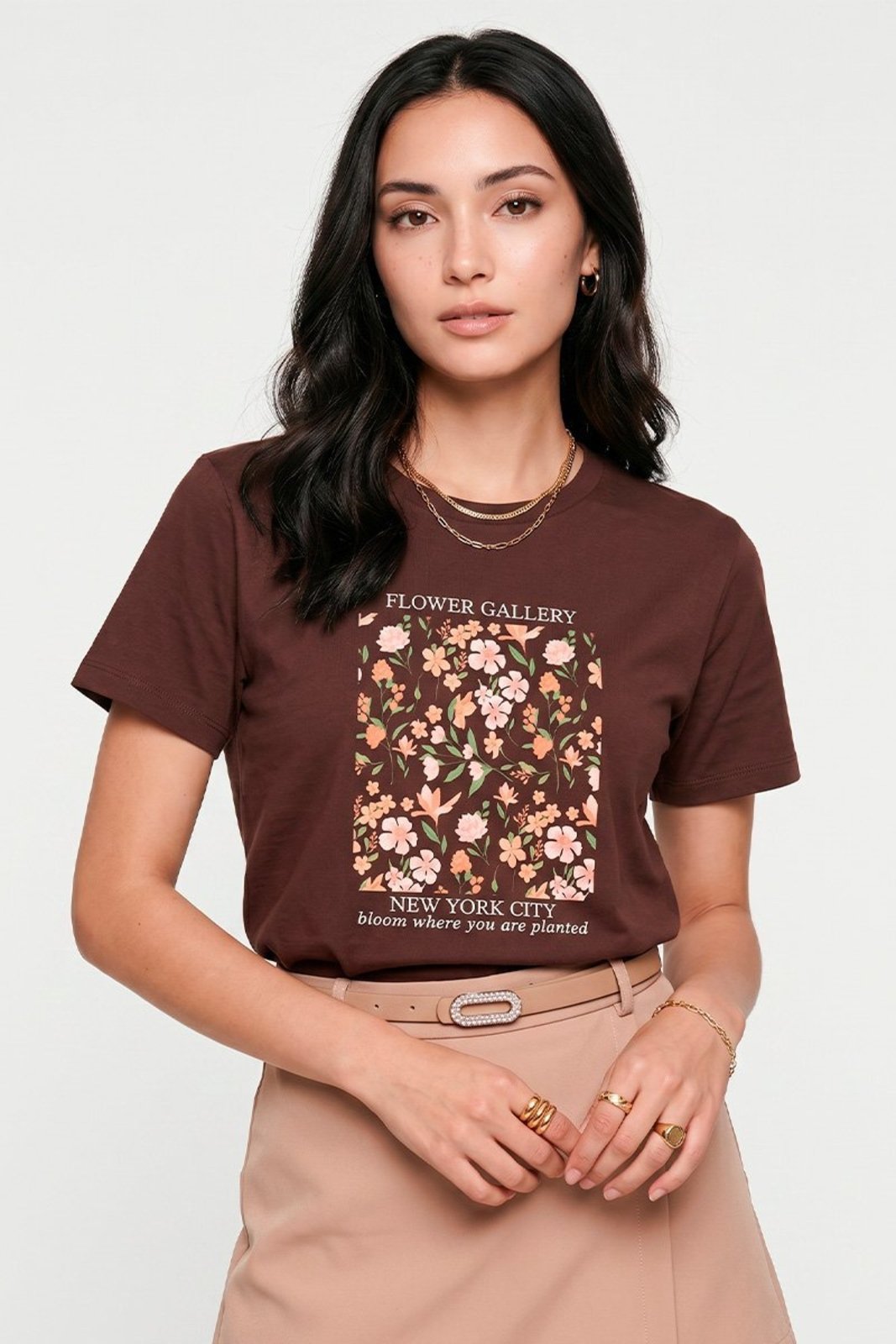 Camiseta Cianitas Marrom Estampa Flower Gallery