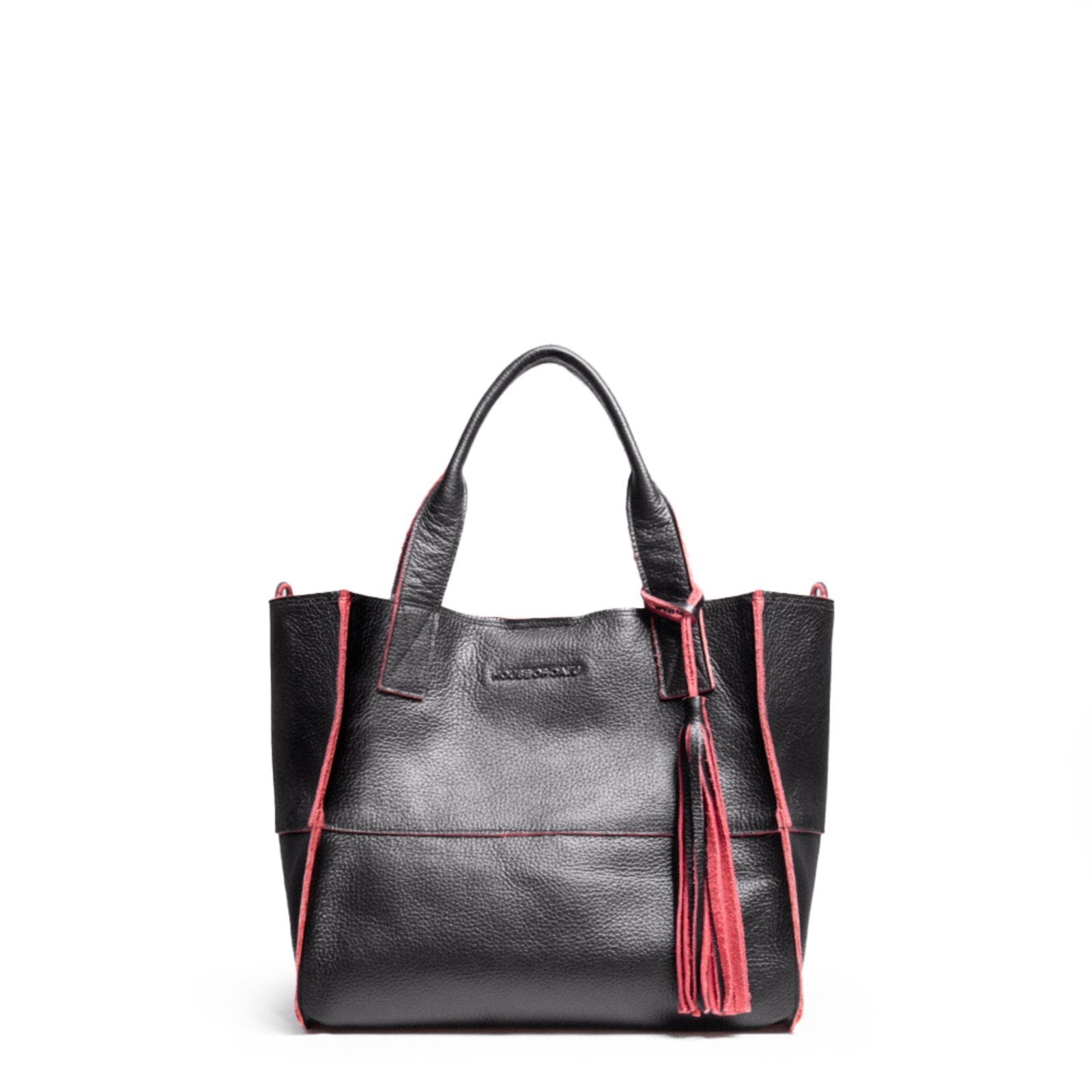 Bolsa Feminina Em Couro Alça De Mão Preta Com Vermelho “Samara Matias”””