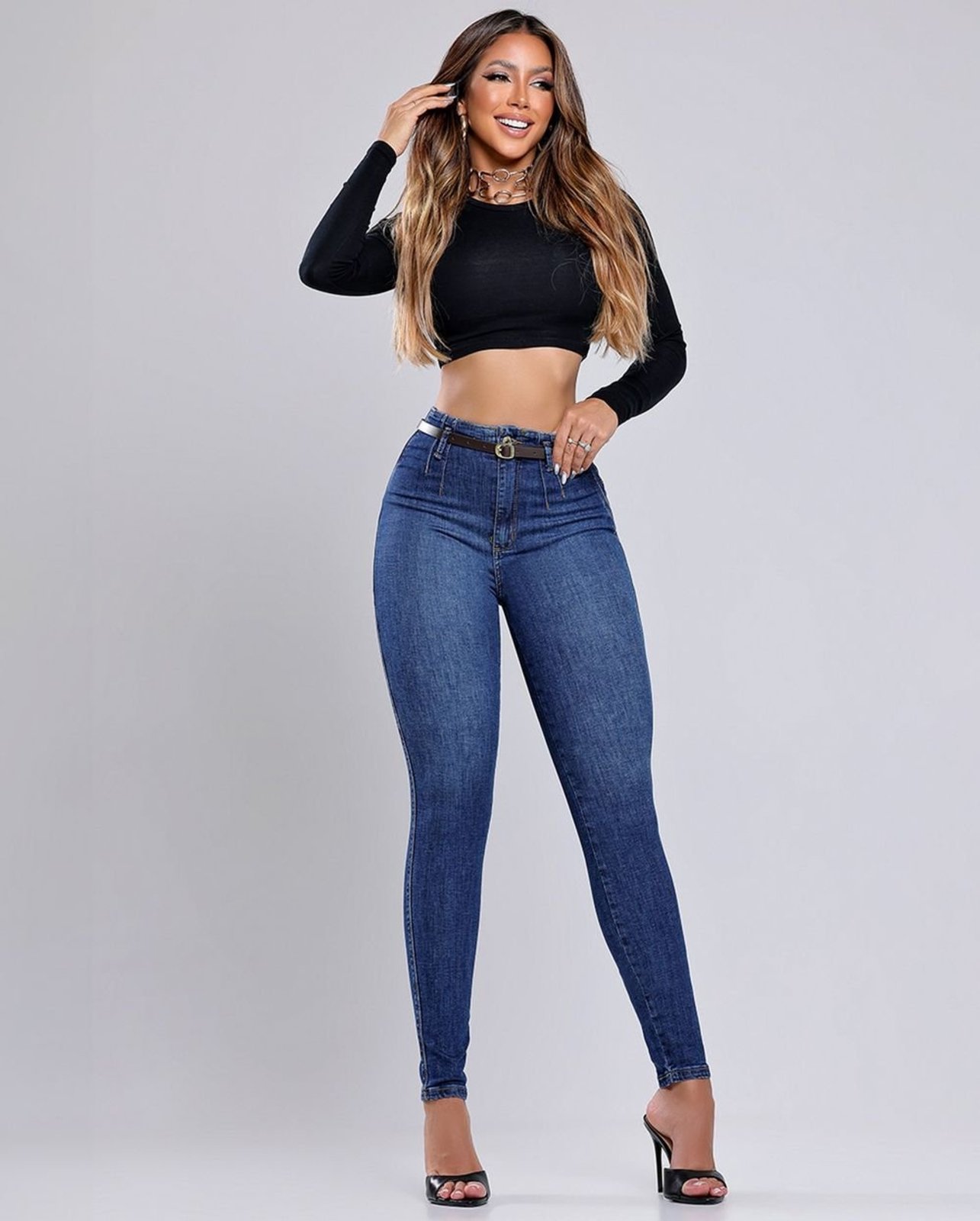 Calça Jeans Skinny Hot Feminina com Cinto Pu 24622 Escura Consciência