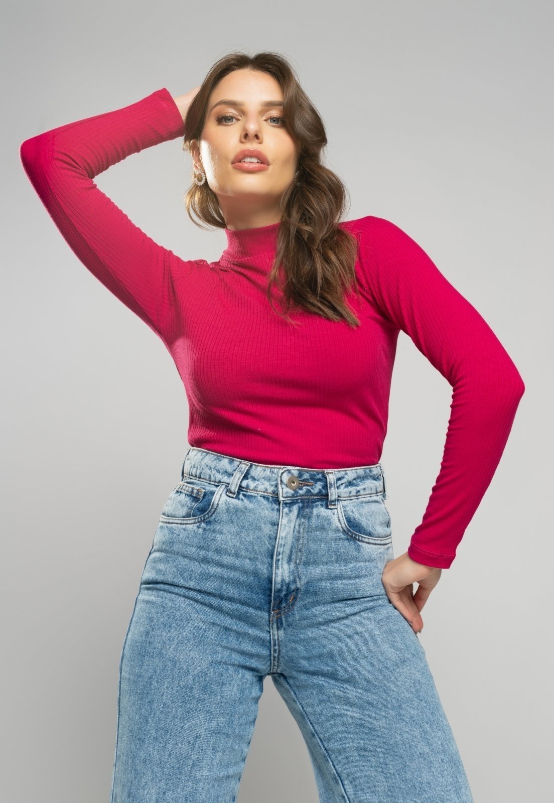 Blusa Salvatore Gola Alta Manga Longa Malha Canelada Rosa Fuscia
