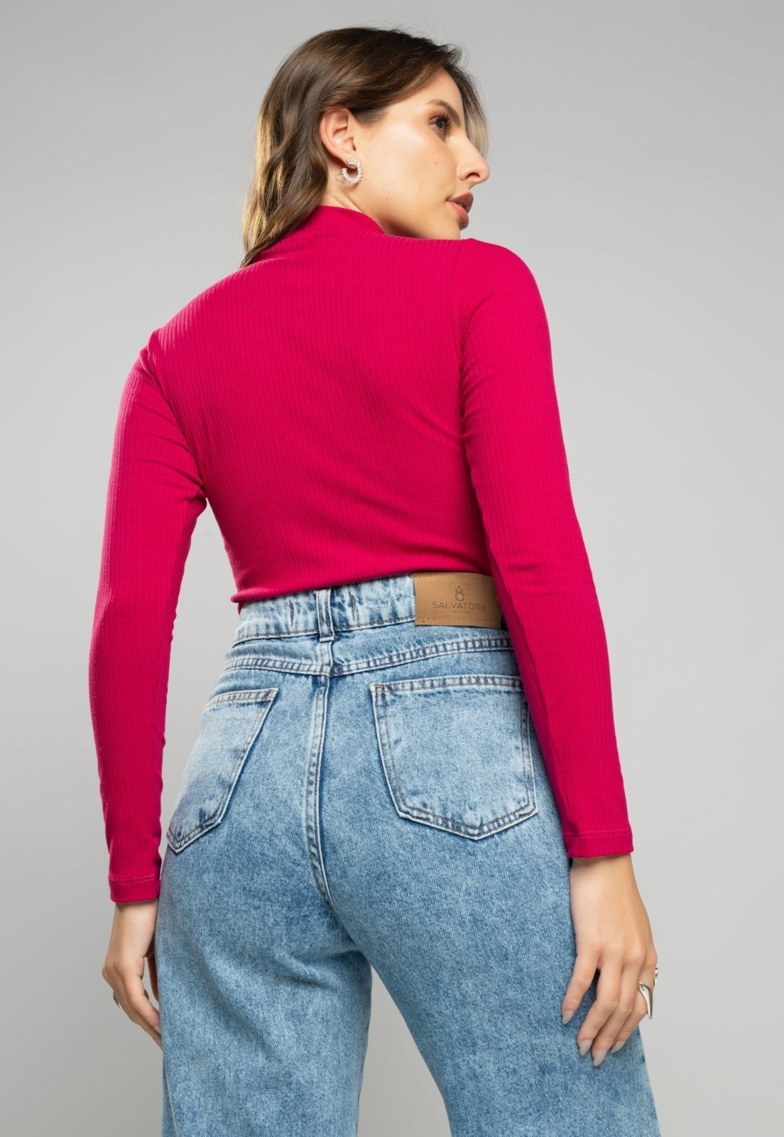 Vista 3 Blusa Salvatore Gola Alta Manga Longa Malha Canelada Fuscia Salvatore Fashion rosa Salvatore Fashion rosa
