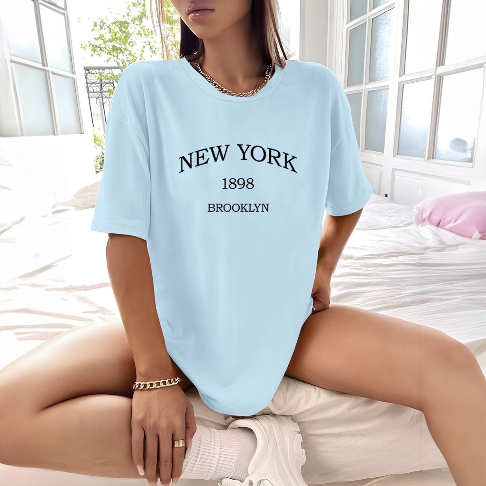 Camisa Camiseta Feminina Estampada New York 1898 Brooklyn 100% Algodão Fio 30.1 Penteado – Azul
