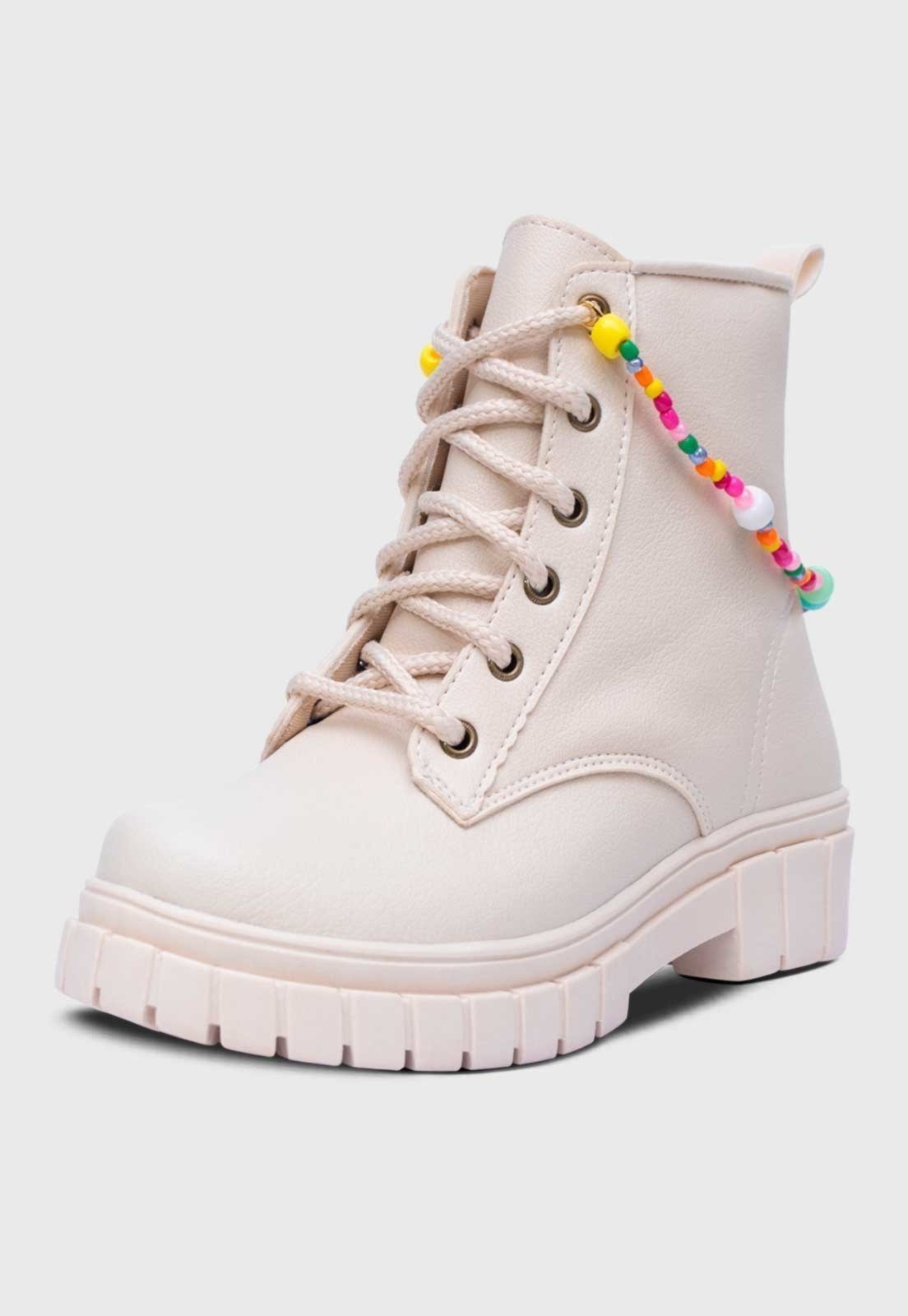 Infantil – Bota Coturno Popidi Menina Feminina Tratorado Off White e Pulseira