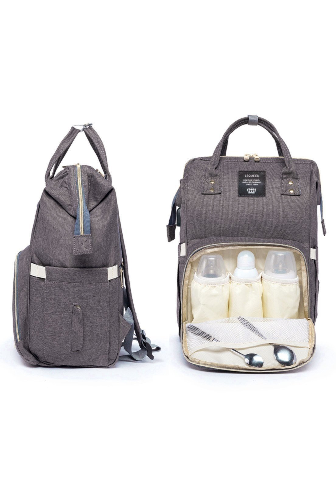 Vista 3 Infantil - Mochila Bolsa Maternidade Lequeen Porta Mamadeira Menina Menino Claro cinza Lequeen cinza