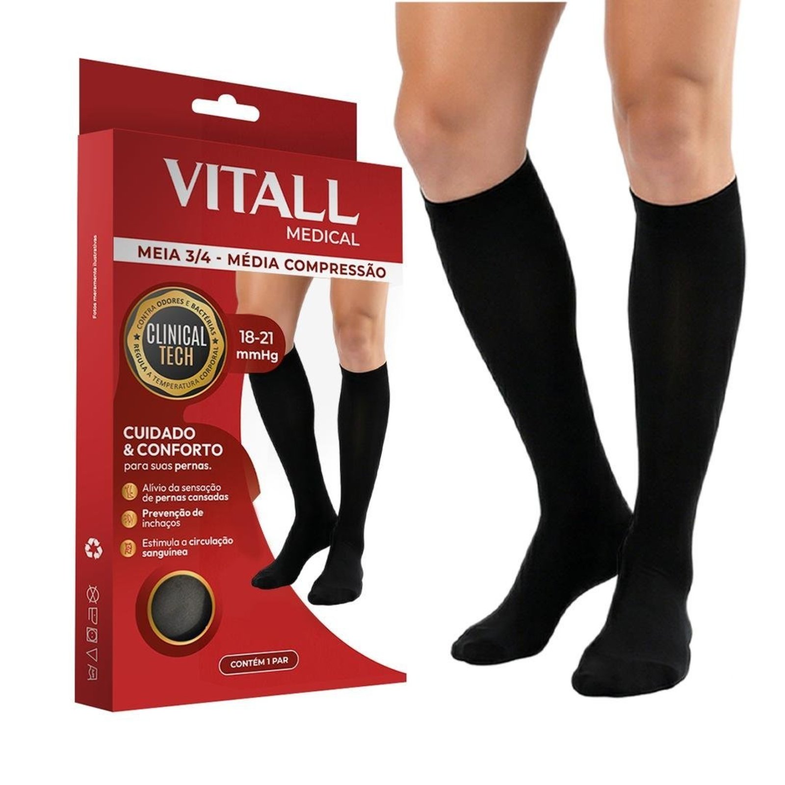 Meia 3/4 Média Compressão Com Ponteira 18-21 mmHg Vitall Preta