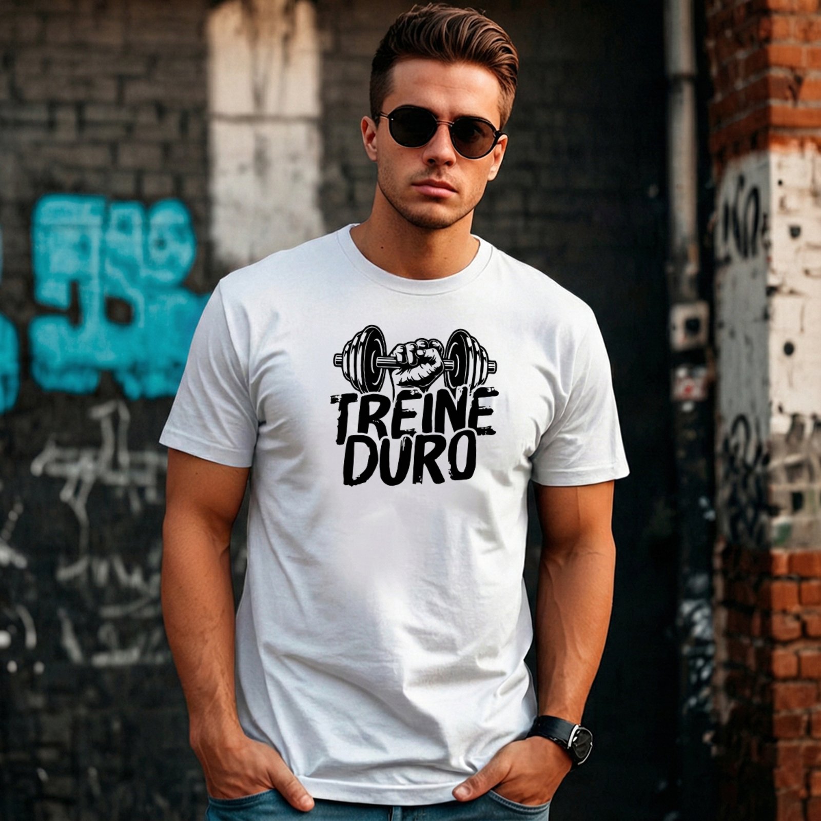 Camiseta Masculina Sartre Algodão Básica Branca Manga Curta Gola Redonda Estilo Versátil Conforto Macia Estampa Treine Duro