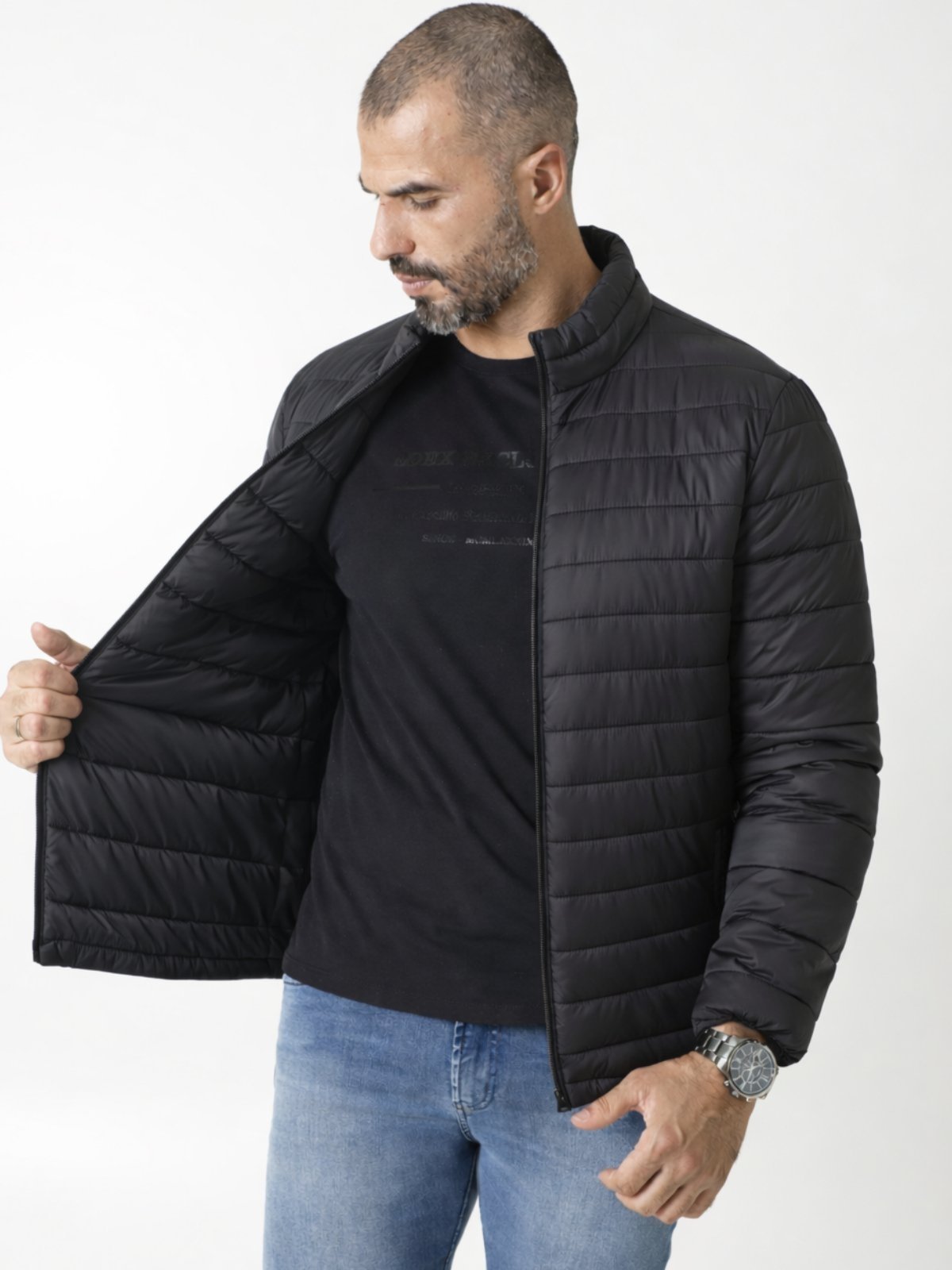 Jaqueta Masculina Nylon Bobojaco Puffer Gola Curta Impermeável Corta Vento Repele Liquidos Preto