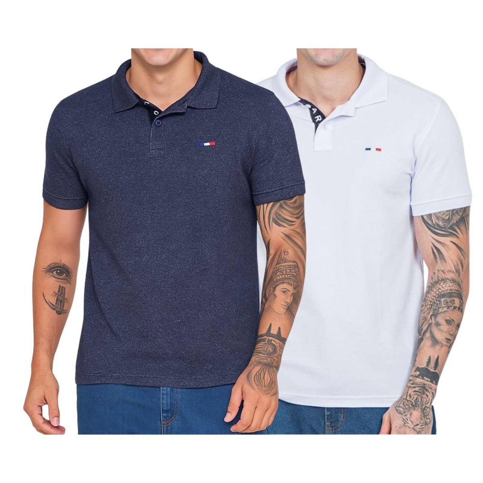 Kit 2 Polos Masculina Básicas Industrie Azul Jeans e Branco Bordado França