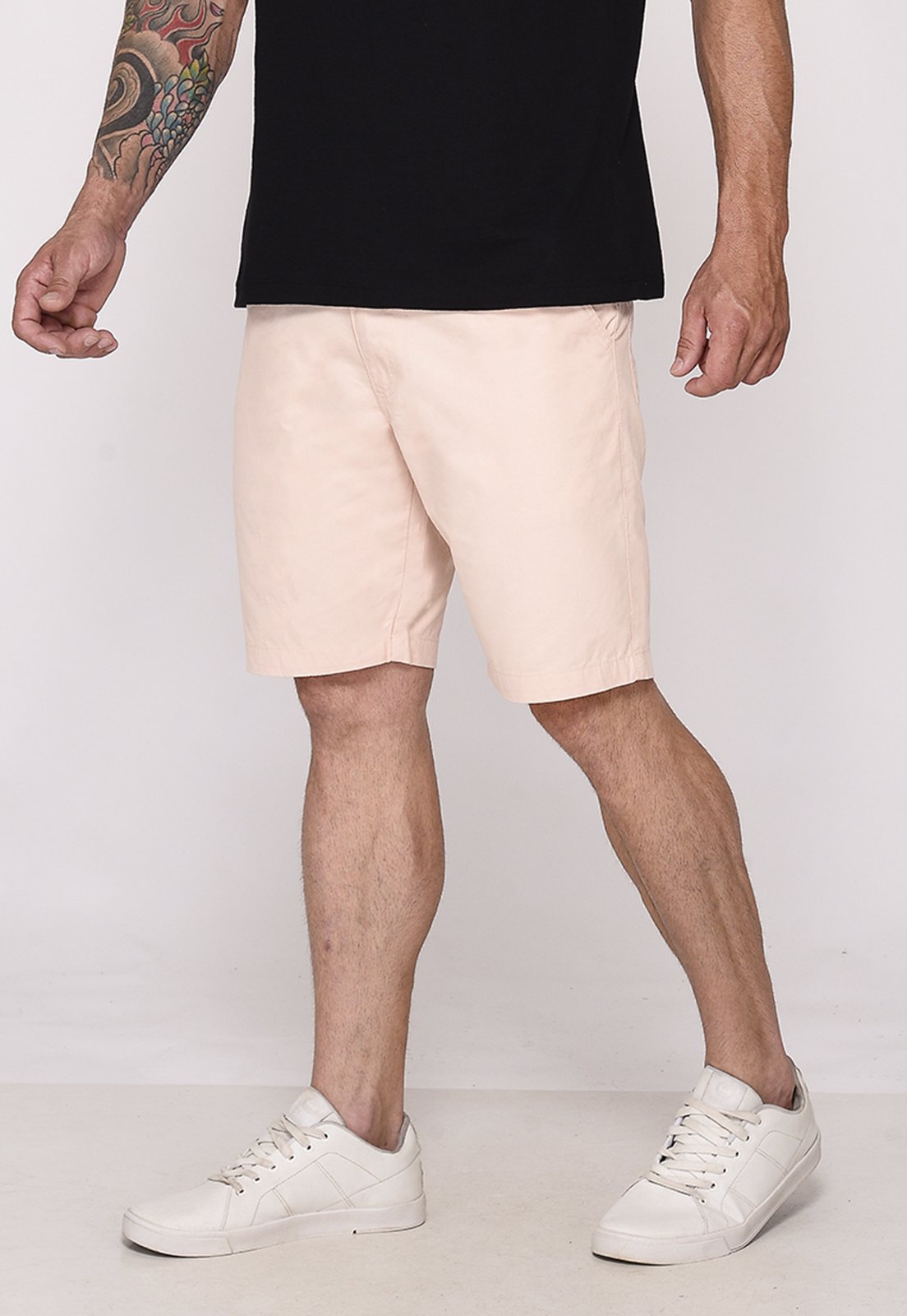 Bermuda Masculina Sarja Chino Casual Confortável Algodão Bolso-Faca Nude