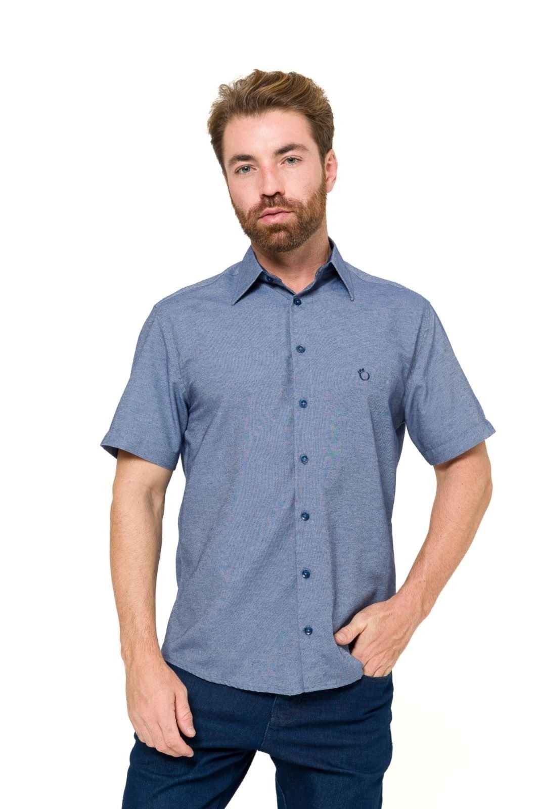 Camisa Social Masculina Olimpo Manga Curta Azul