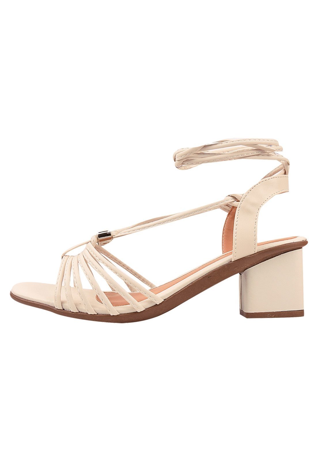 Sandália Salto Grosso Rosa Chic Calçados Feminino Salto Alto Bloco Amarração Bico Quadrado Branco