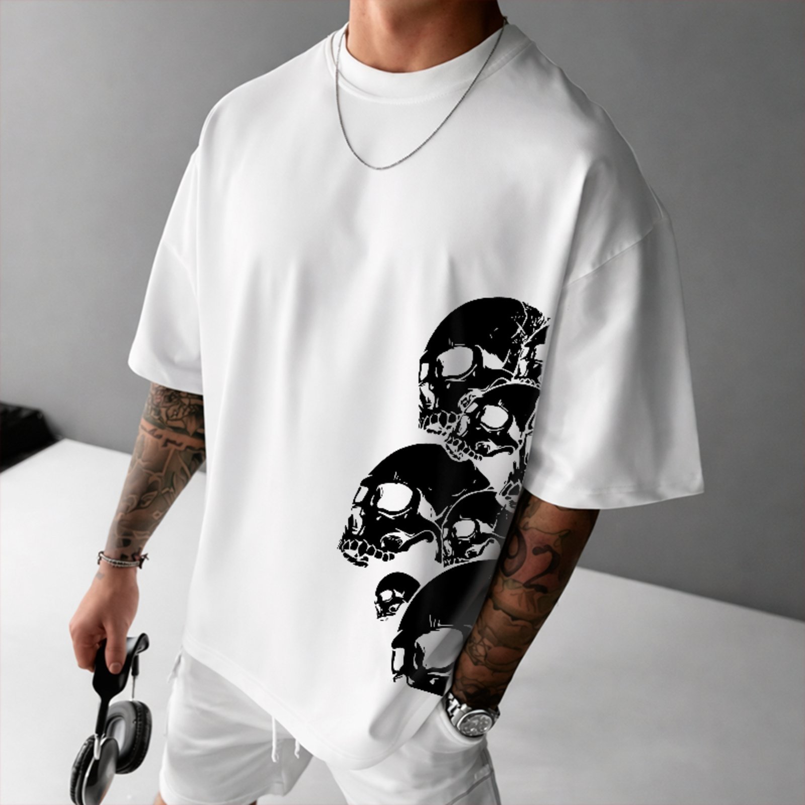 Camiseta Oversized Caveira Skull Arte Dark Street Unissex Branco
