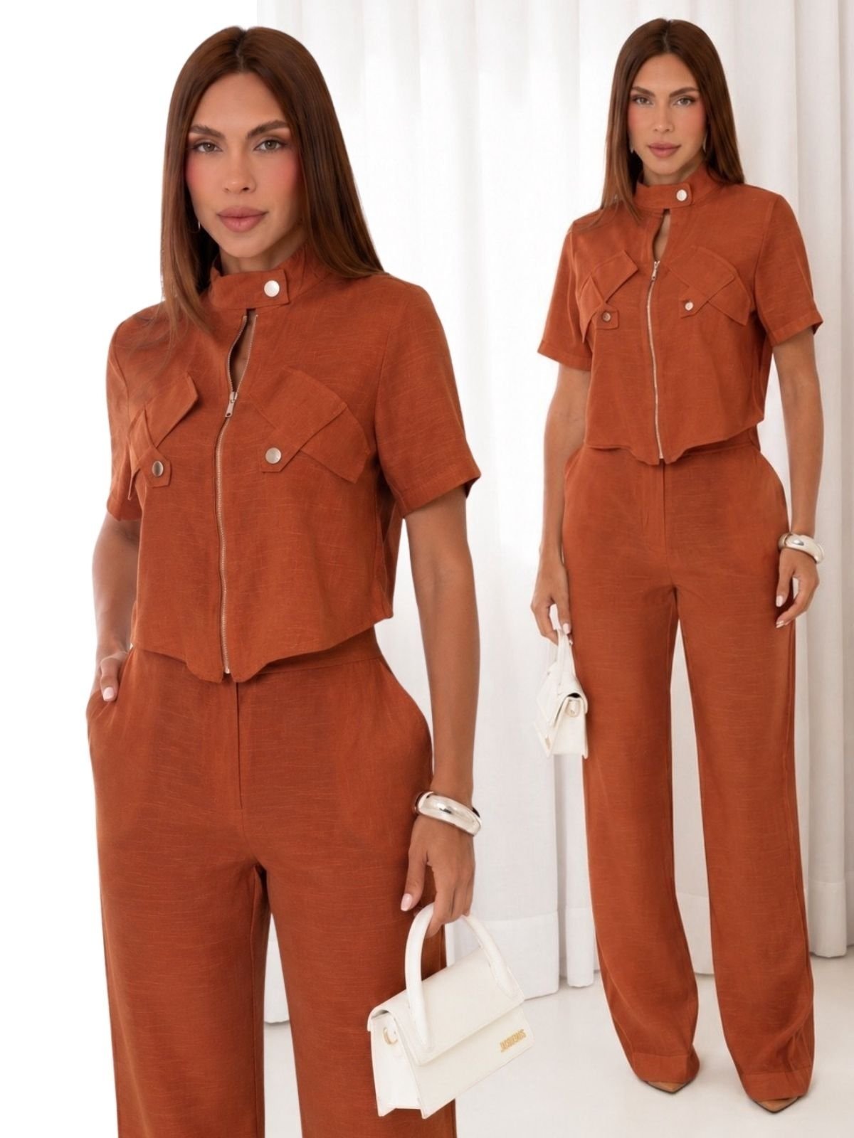 Conjunto Alfaiataria Feminino Divina Gata Blusa Jaqueta e Calça Elegante - Rosa Blush