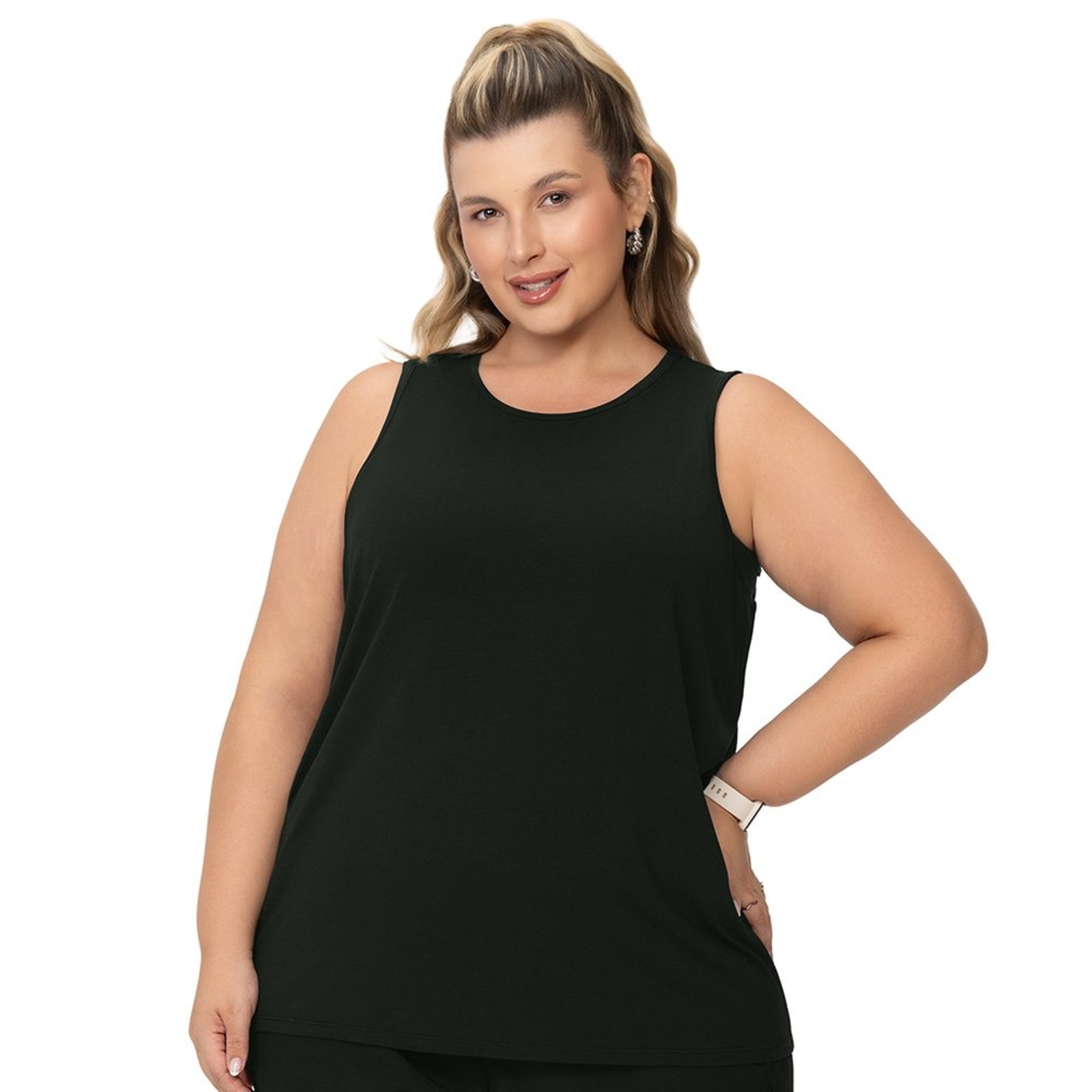 Regata Fitness Feminina Plus Size Tecido Modal Preto