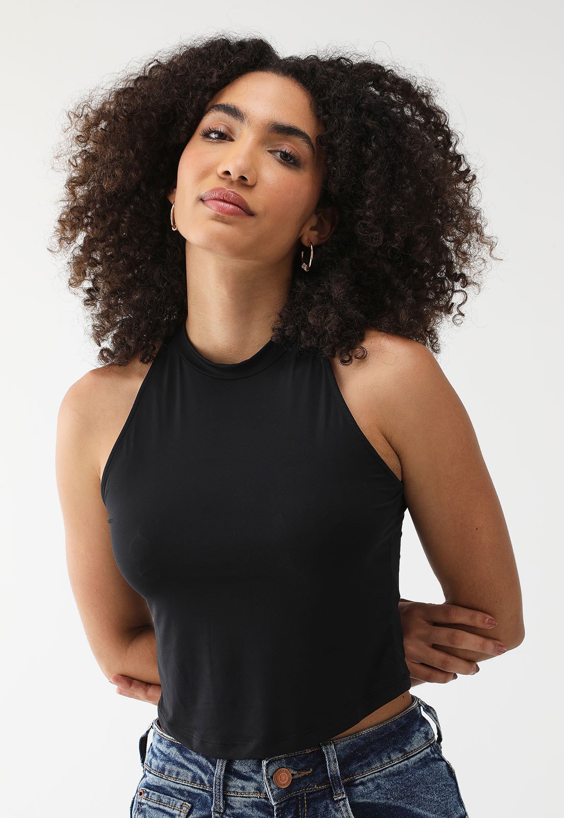 Regata Cropped Lez a Lez Ajustada Lisa Preta