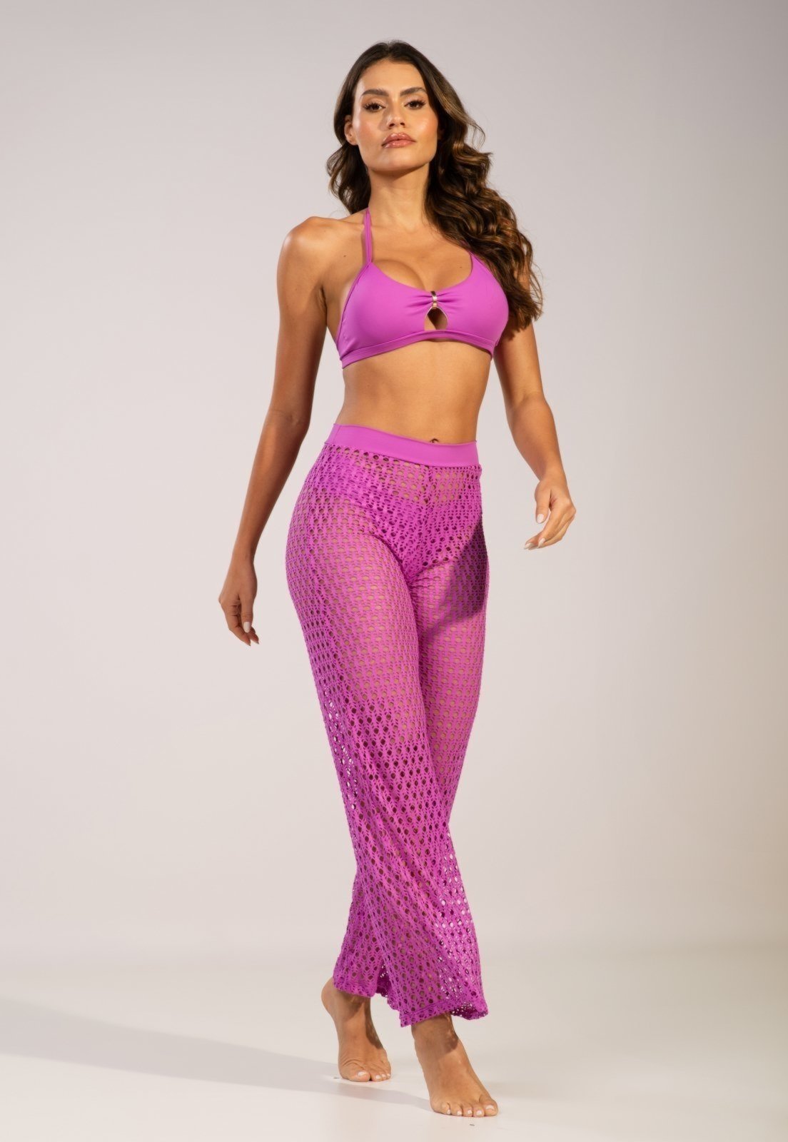 Vista 2 Calça Saída de Praia Feminina Vekyo Estilo Tricot Flare Cintura Alta VEKYO rosa