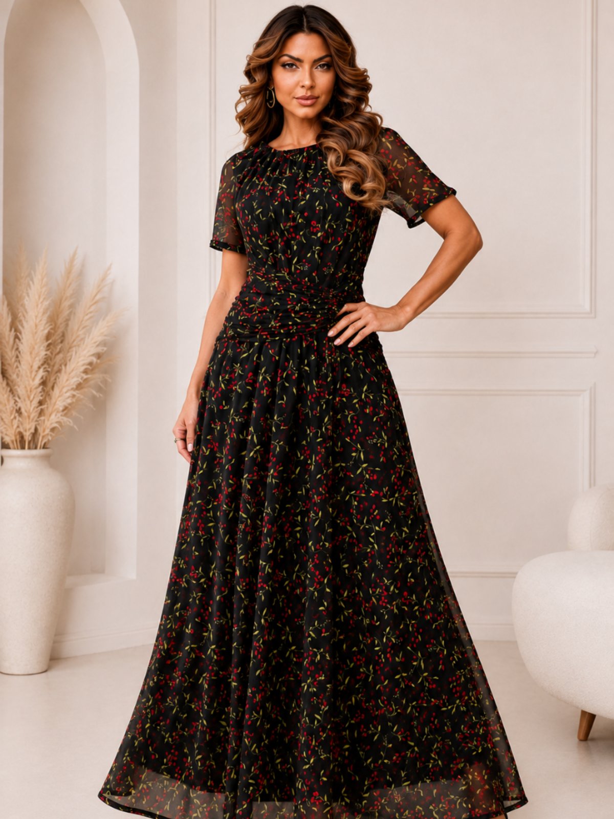 Vestido Longo Tule Feminino Drapeado Modelagem que Valoriza a Silhueta Festa Convidada Preto Florido