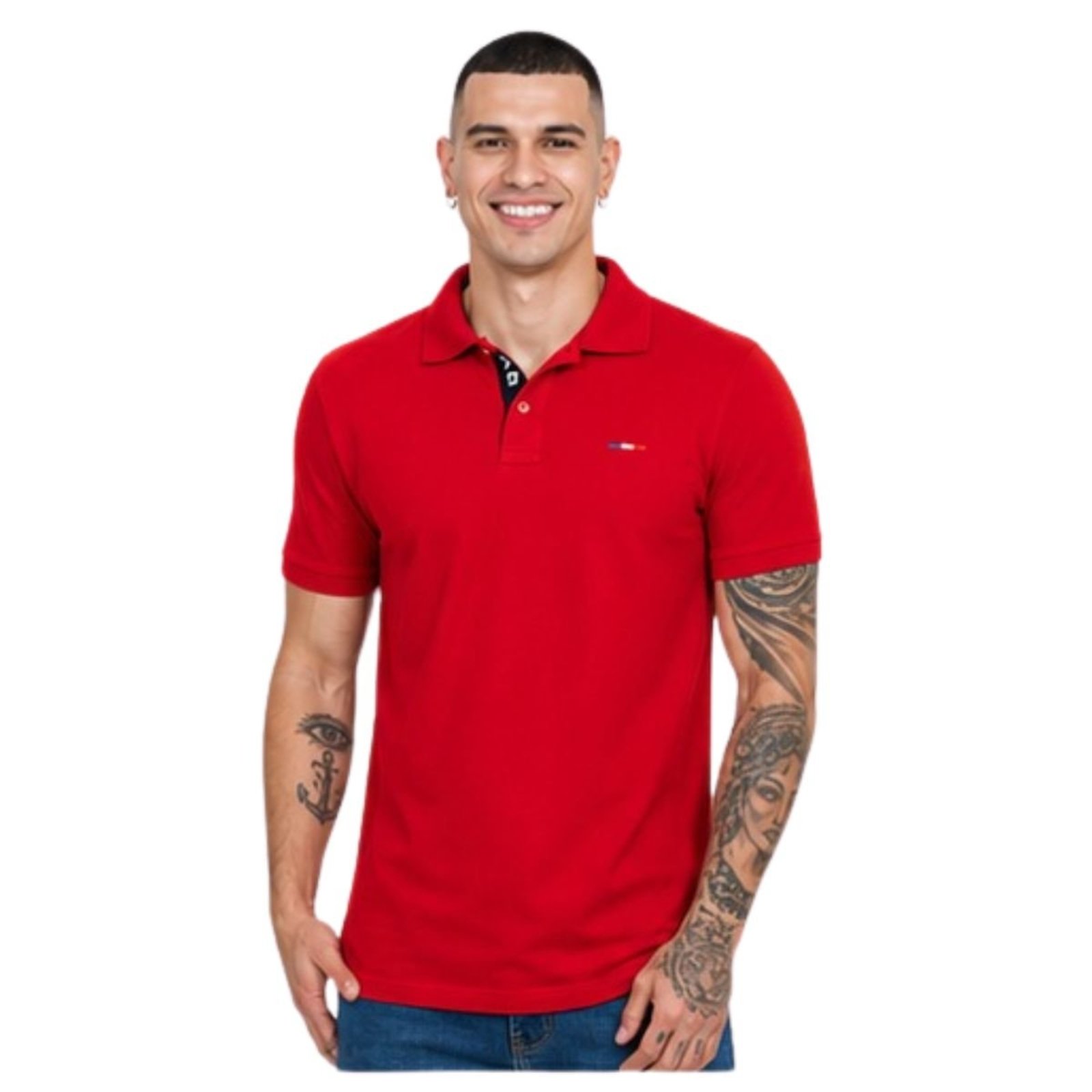 Camisa Polo Masculina Básica Bordado França Vermelho